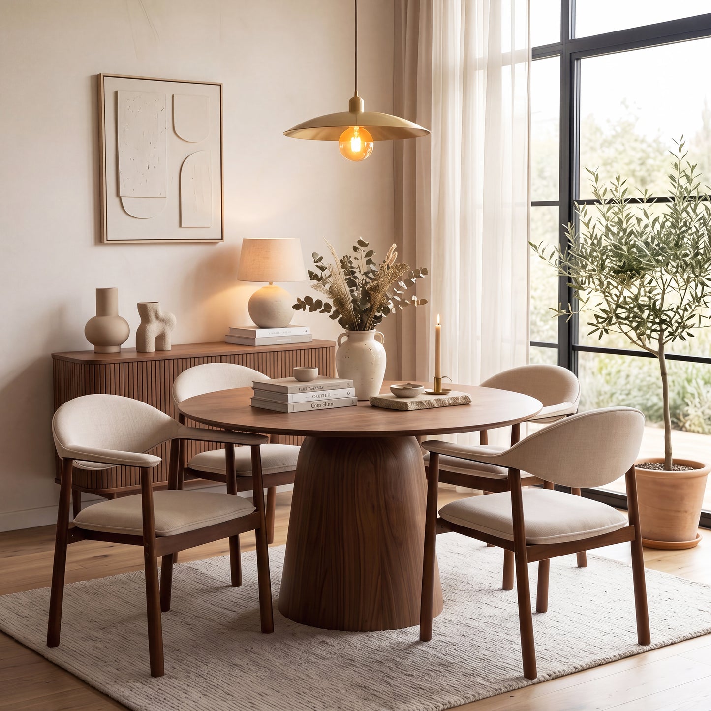 Upholstered Dining Chairs Set of 2 - Beige Fabric & Walnut Wood