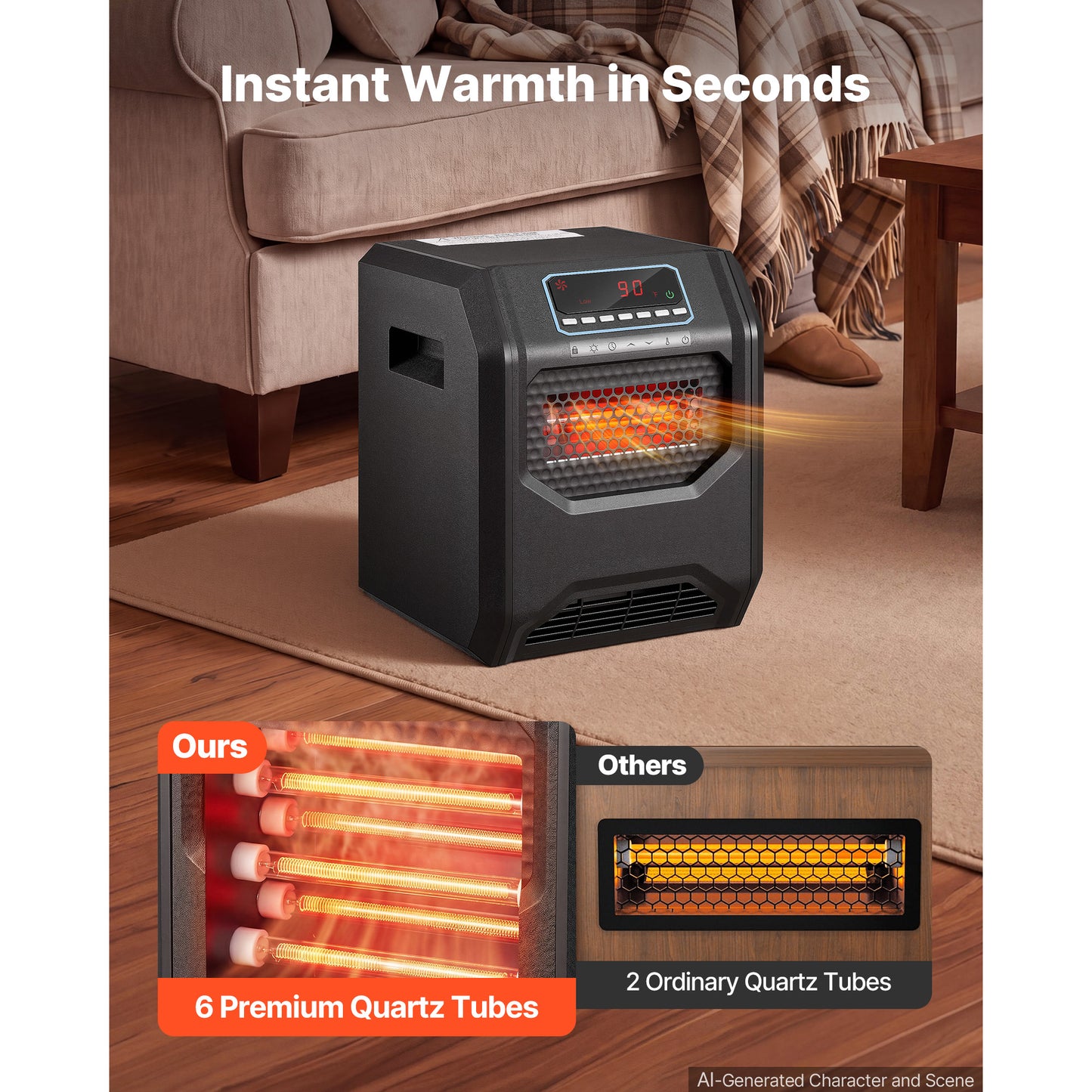 1500W Infrared Space Heater with Remote Control for Indoor Use - Black