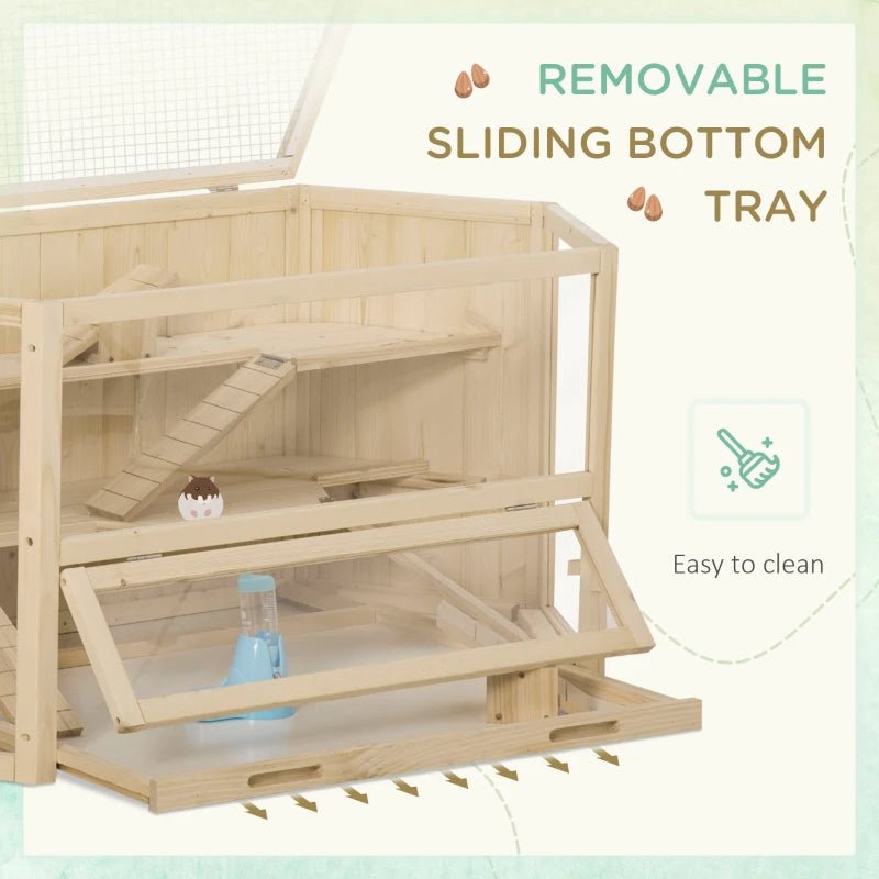 Large Wooden Hamster Cage with 3 Tiers, Activity Center & Water Bottle
