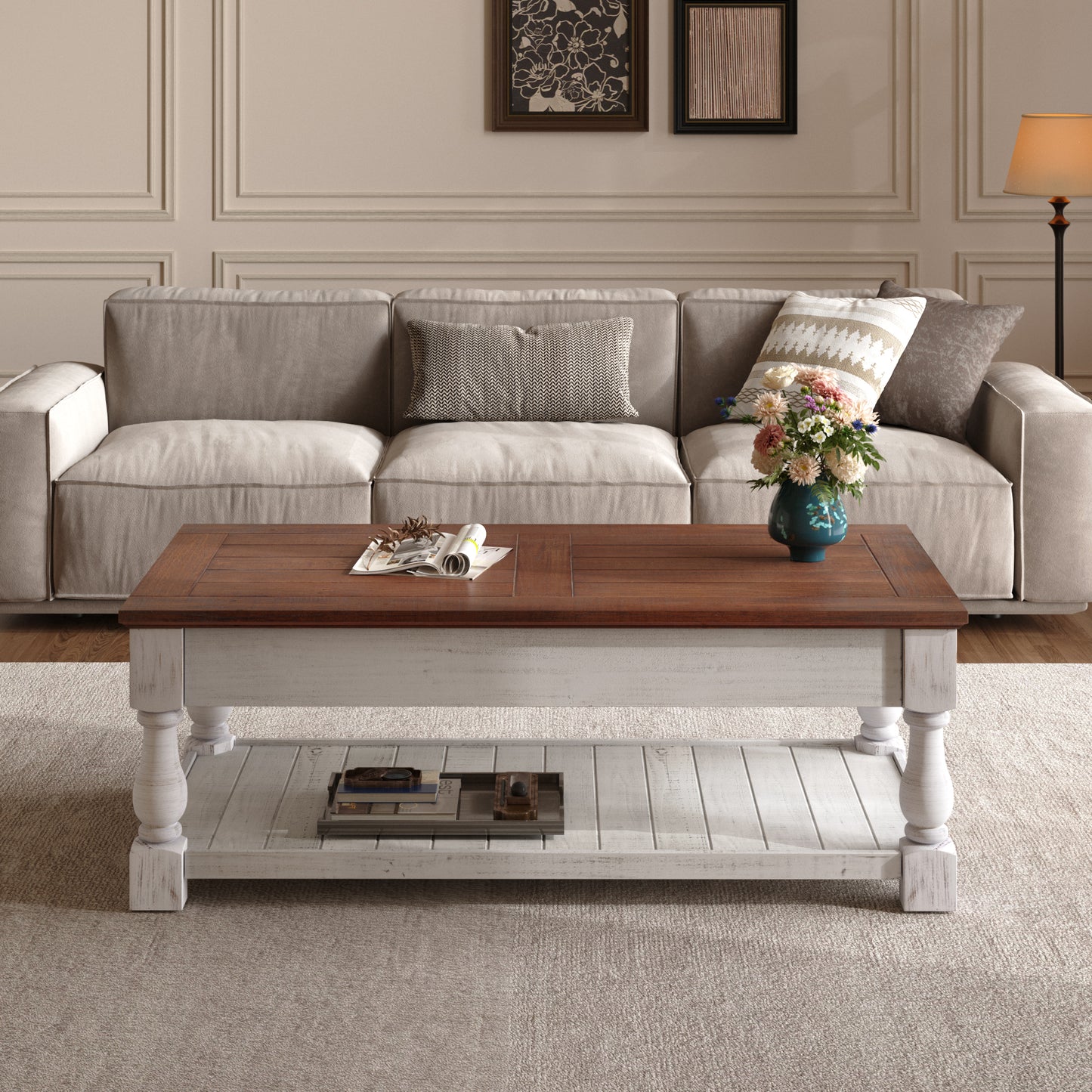 Retro Lift-Top Coffee Table with Storage - Antique Espresso & White