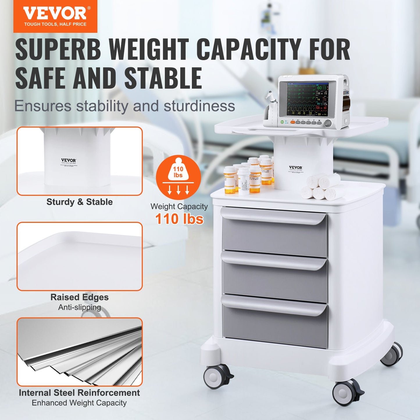 4-Tier Mobile Medical Cart with 3 Drawers & Top Tray - White