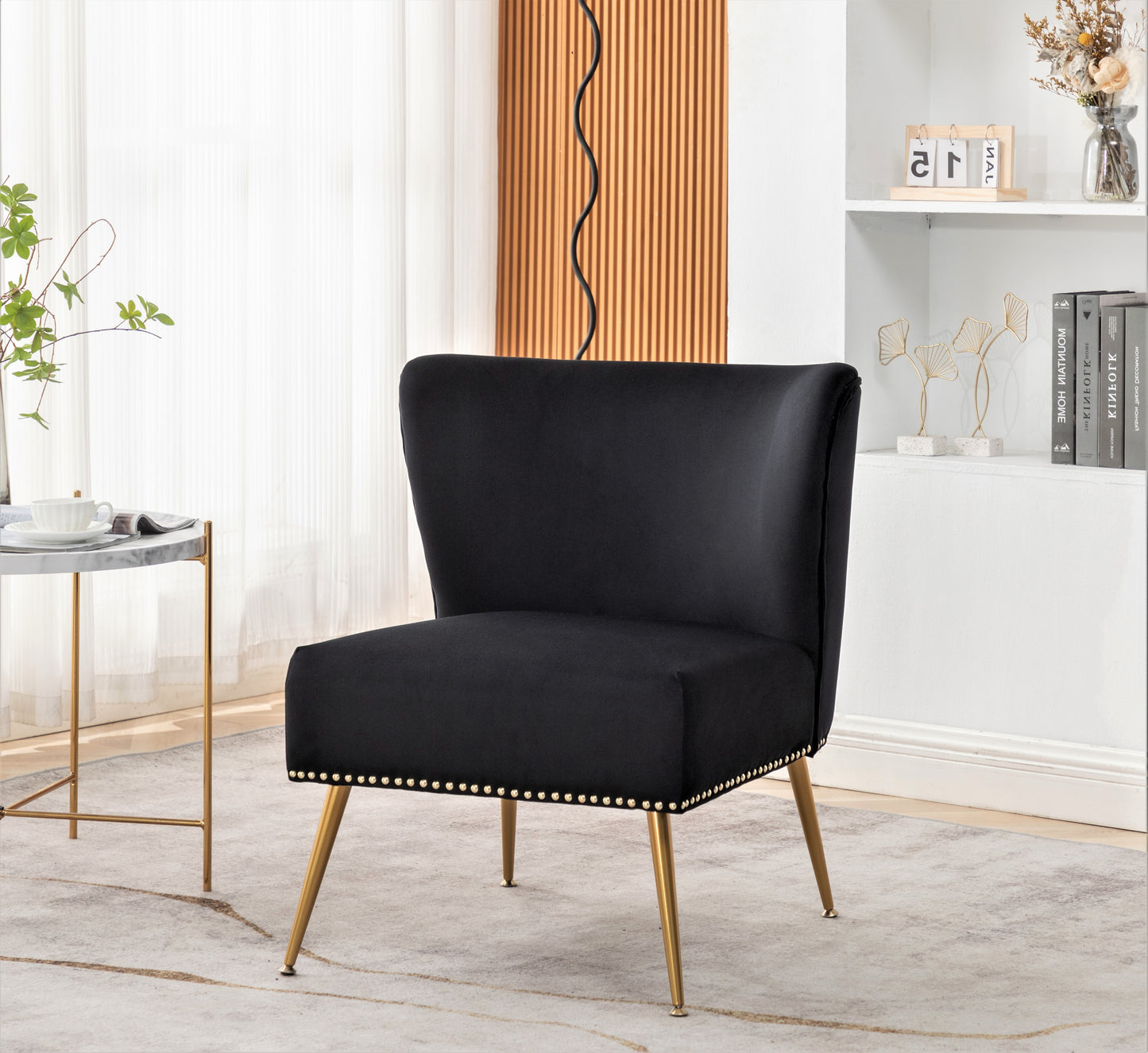 Printed Cloth Accent Chair, Armless Slipper Chair With Metal Legs,