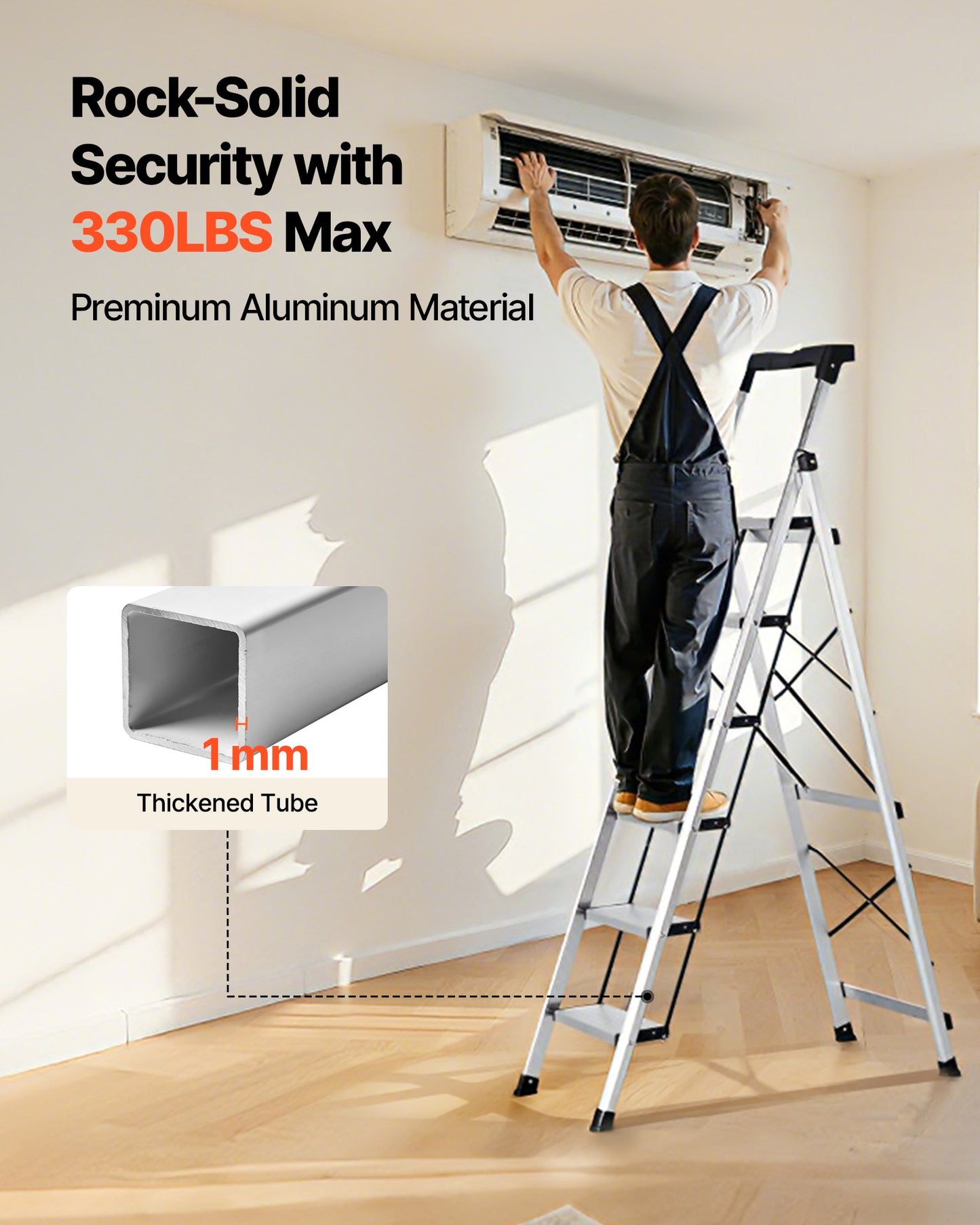 6 Step Folding Aluminum Ladder with Anti-Slip Pedals & Handgrip - 330 lbs Capacity, Portable Silver Step Stool for Home & Office