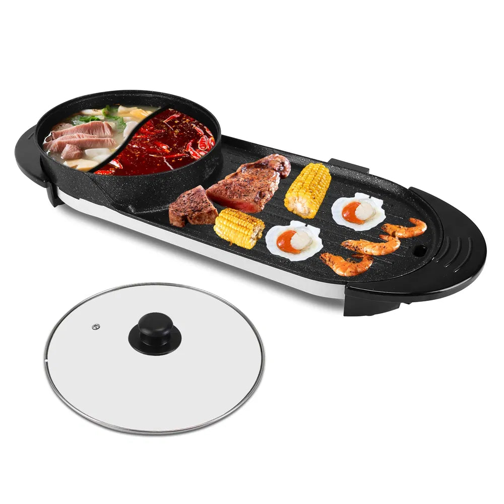 Electric Hot Pot with BBQ Grill 2200W Smokeless Non-Stick Cooker for Family