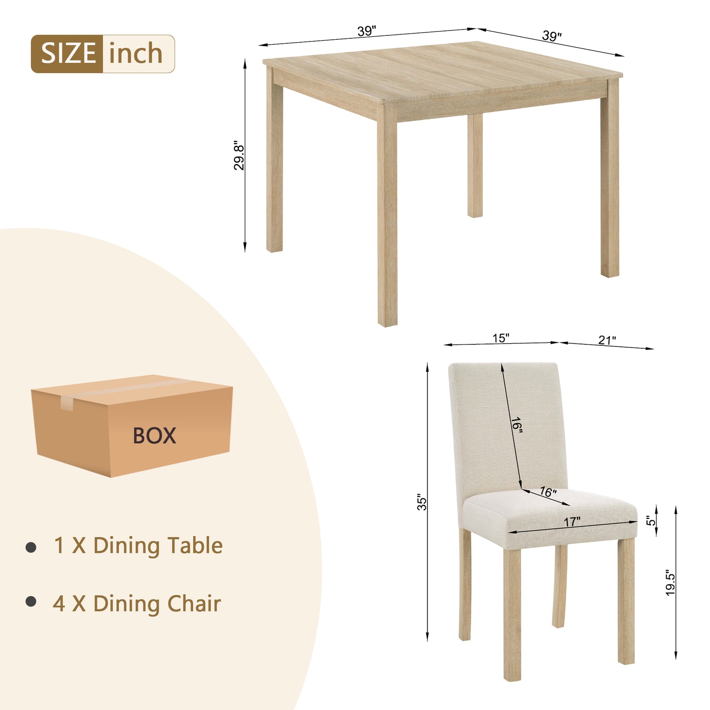 5-Piece Dining Table Set with 4 Chairs - Light Oak