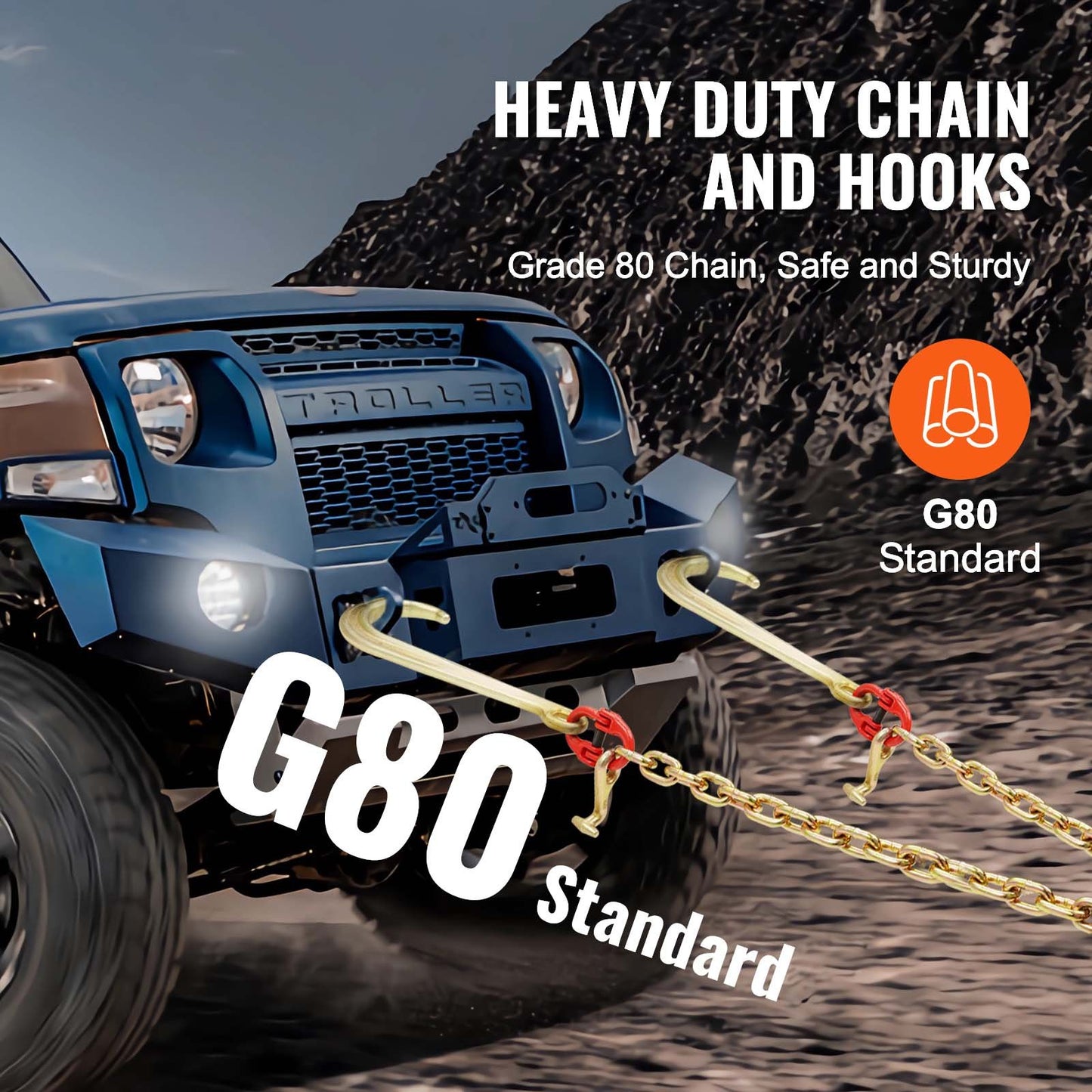 G80 Tow Chain with V-Hook and Grab Hook - Heavy Duty 15600lbs Load Capacity