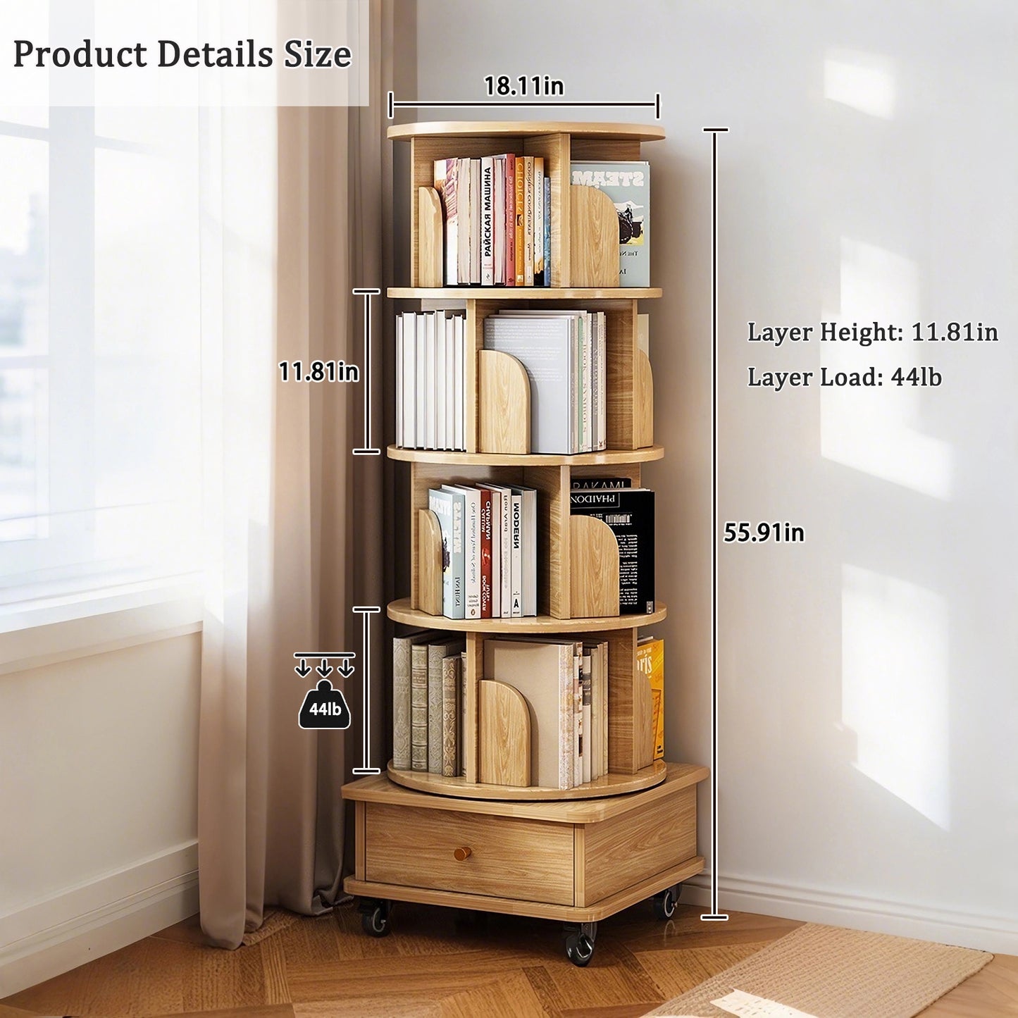 5 Tier Rotating Bookshelf, Display Round Spinning Bookshelf With
