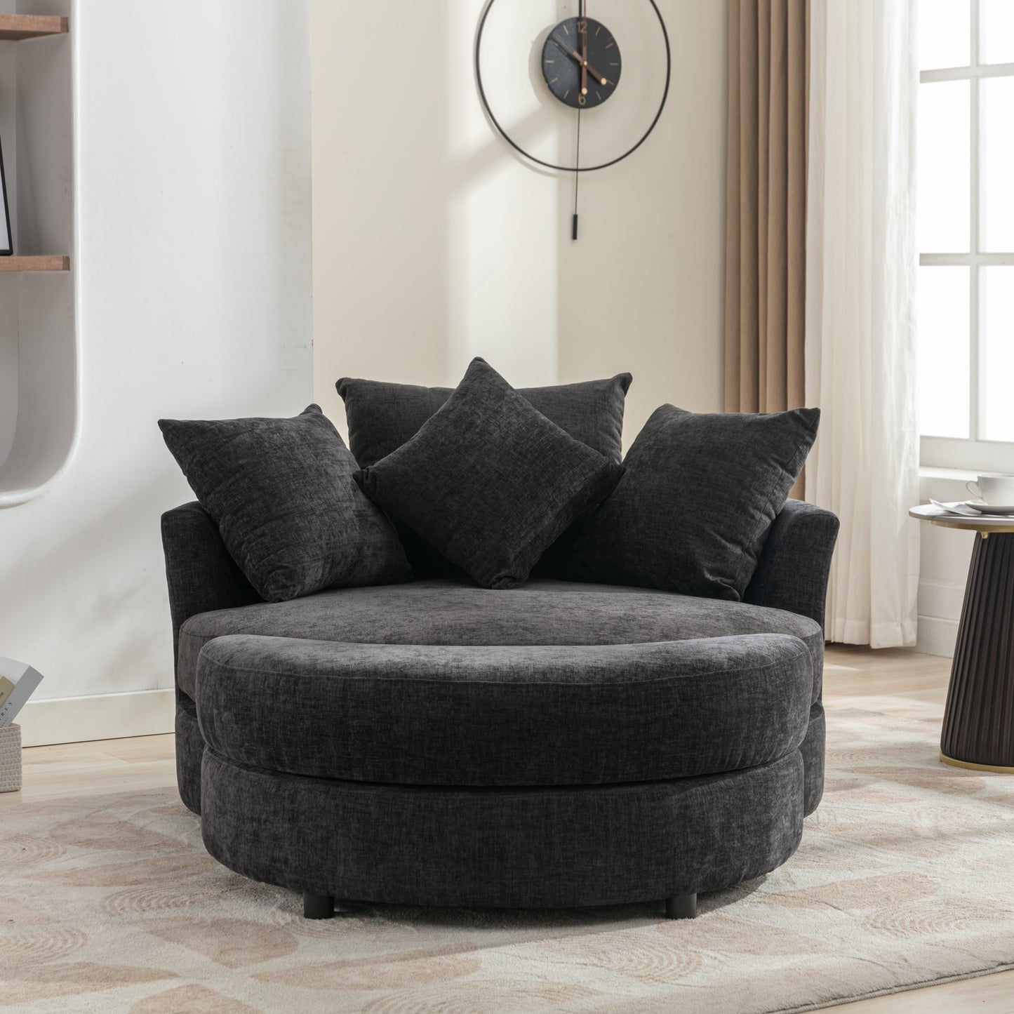 360° Swivel Accent Barrel Chair with Storage Ottoman & 4 Pillows - Gray