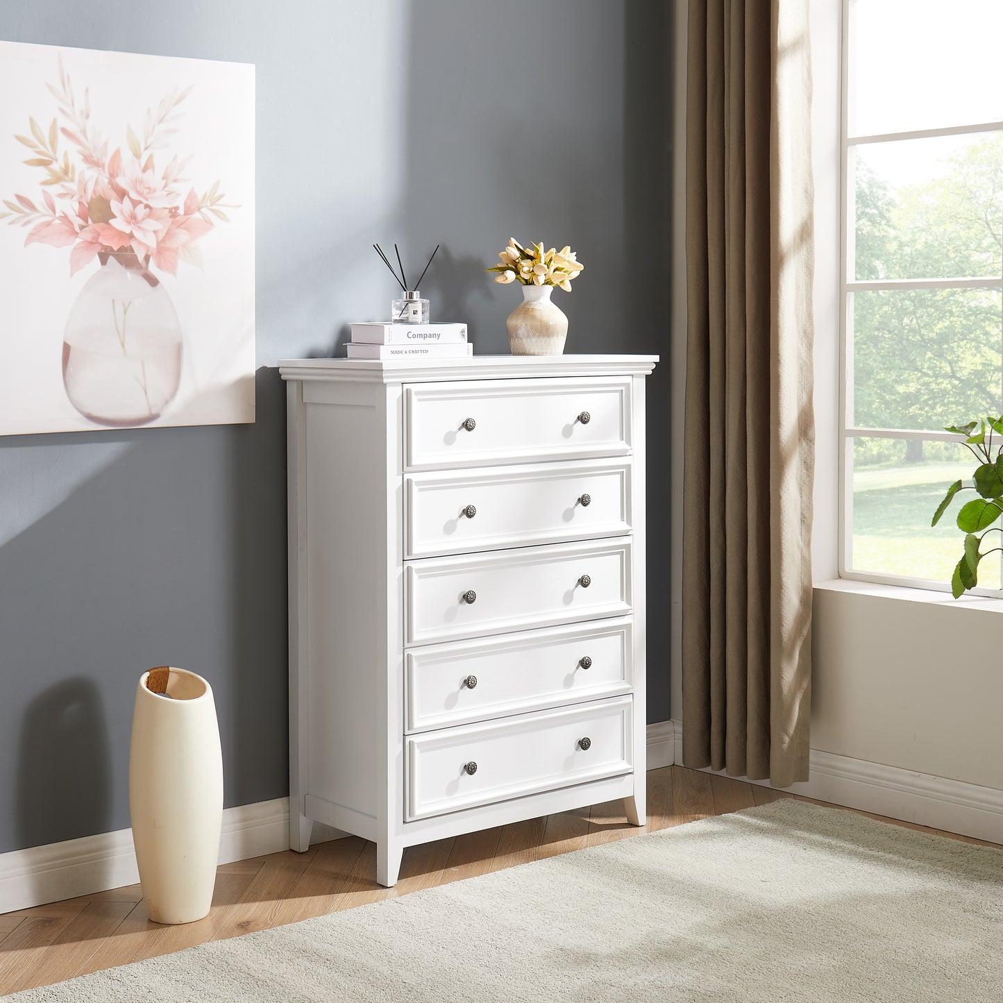 Modern 5-Drawer Dresser - White Chest of Drawers for Storage