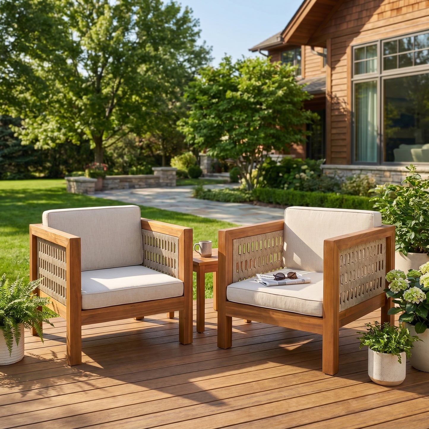 Outdoor Club Chair Set of 2 - Acacia Wood Frame, Beige Cushions