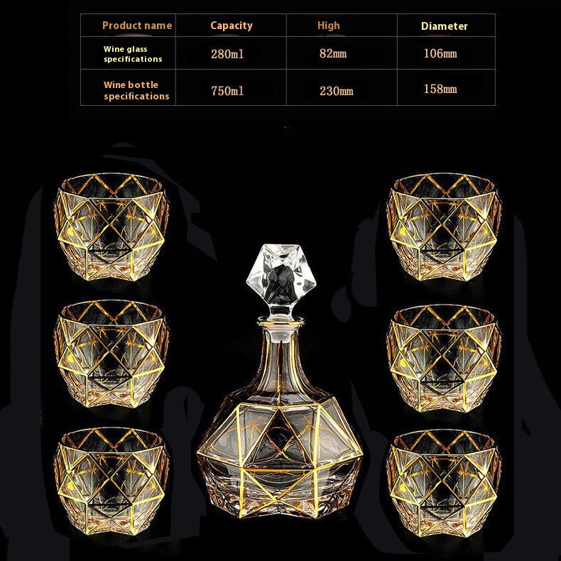 Crystal Glass Whiskey and Wine Set - Creative Gold Finish, 7-Piece Home Barware