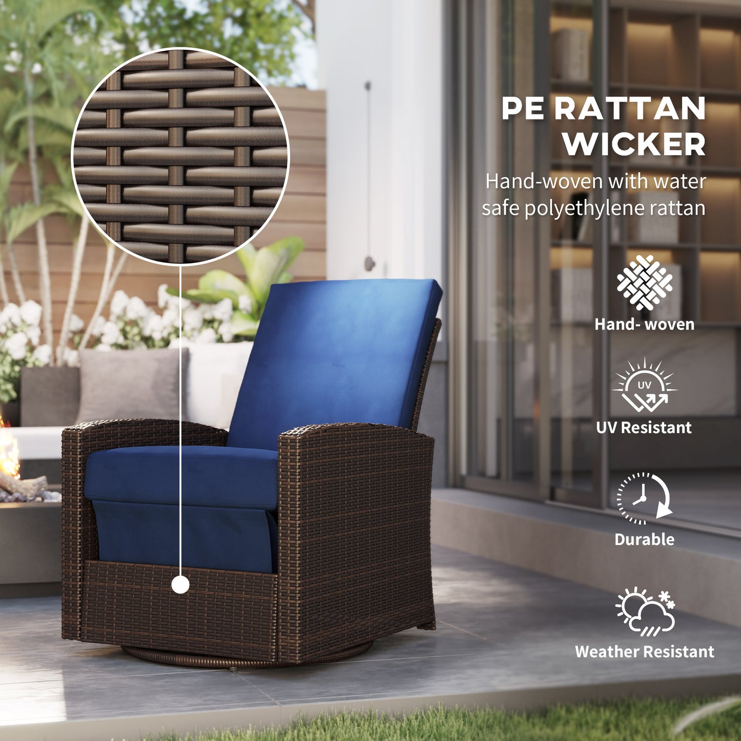 Outdoor Wicker Swivel Chair with Reclining Backrest & Footrest - Dark Blue