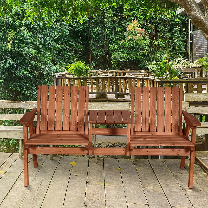 Wooden Patio Bench with Middle Table & Umbrella Hole - Orange