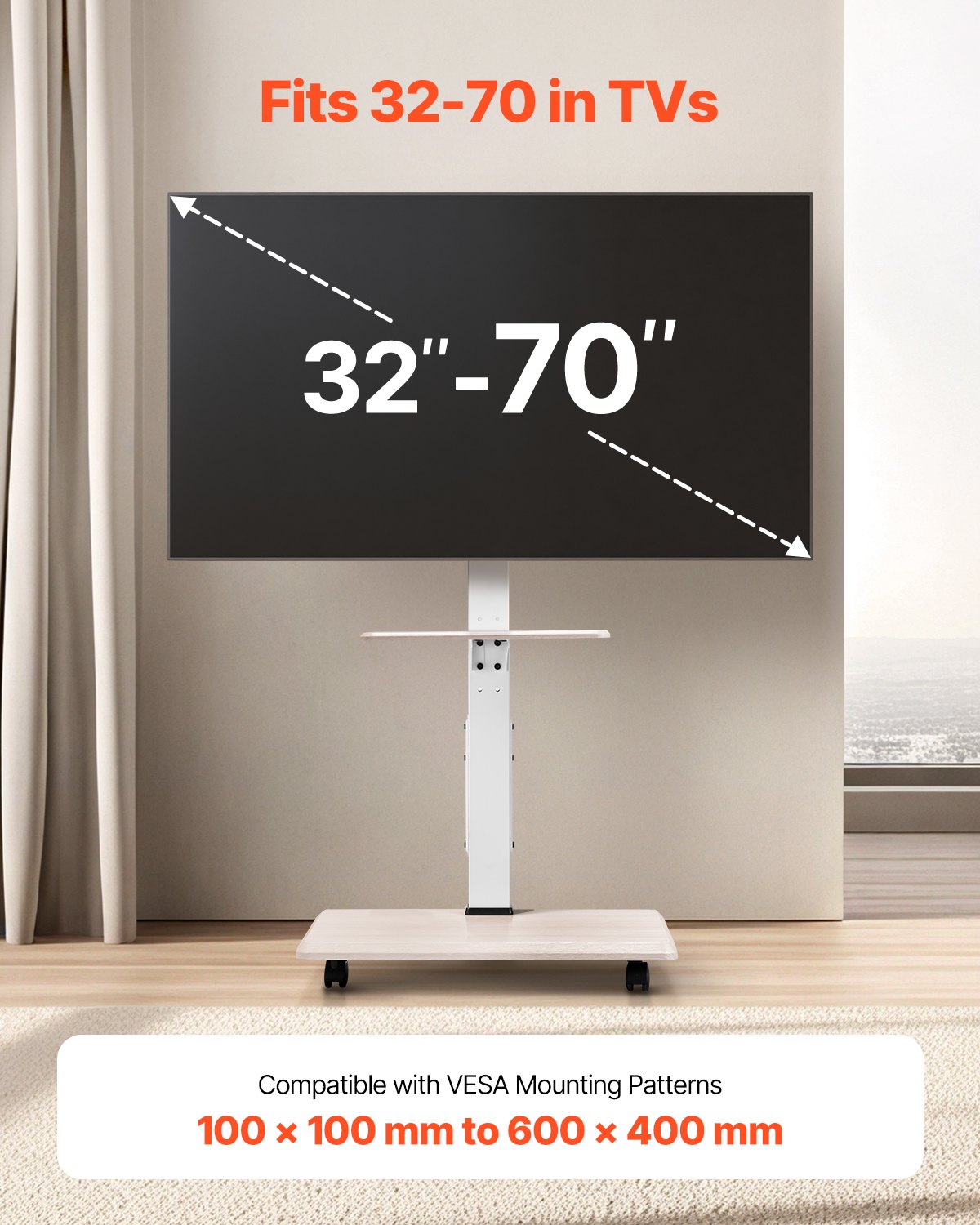 Mobile TV Stand for 32-70 Inch Screens - Height Adjustable with Tray
