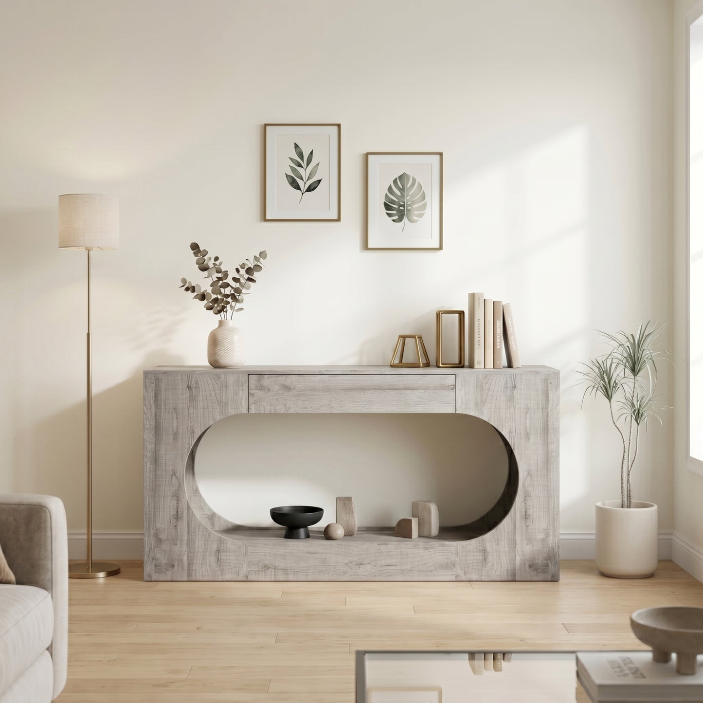 Grey Wood Grain Console Table with Storage Drawer - 63"