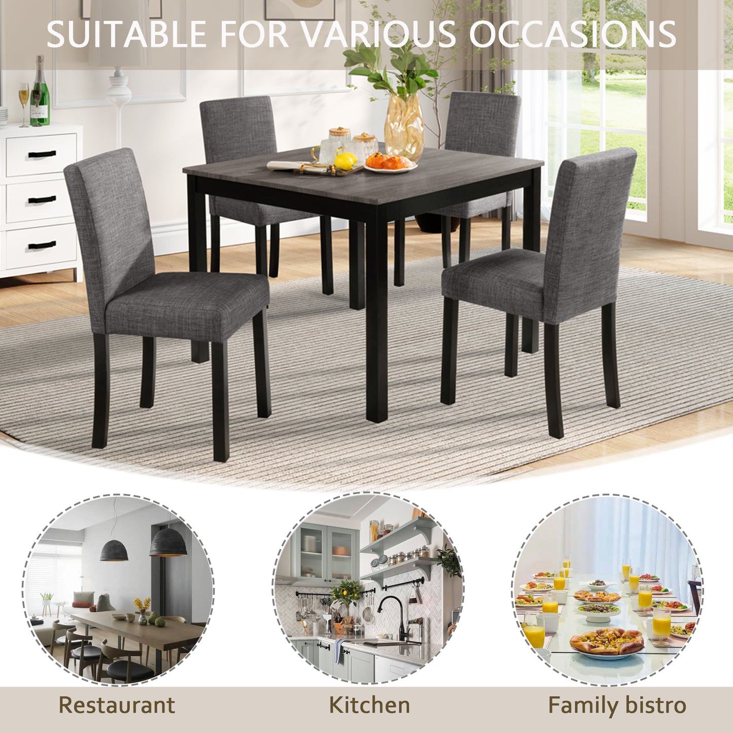 5-Piece Dining Table Set with 4 Chairs - Light Grey & Black