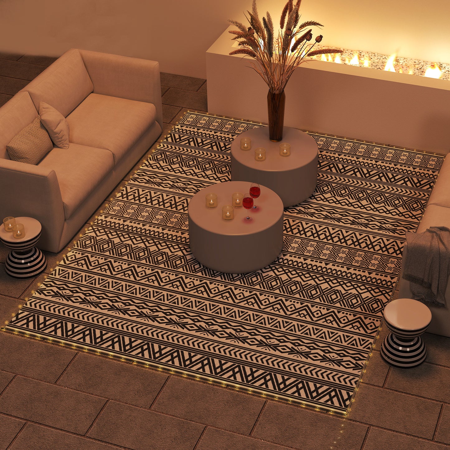 Outdoor Reversible Rug with USB String Lights - 12x9 ft