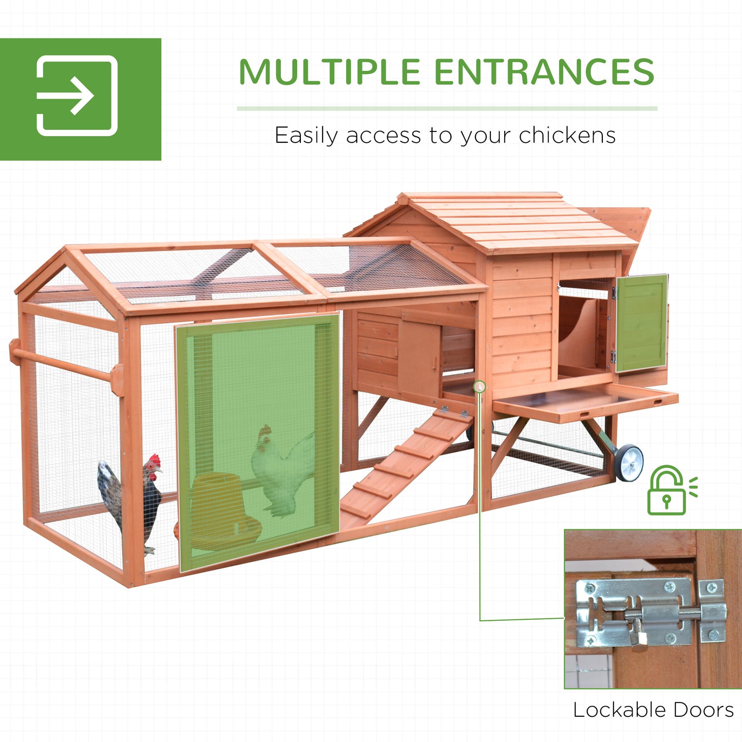 Wooden Chicken Coop with Nesting Box and Wheels - Outdoor Poultry Cage, 96.5 Inches