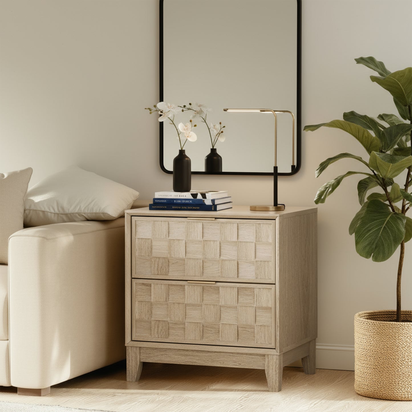 Wooden Night Stand with Charging Station & 2 Drawers