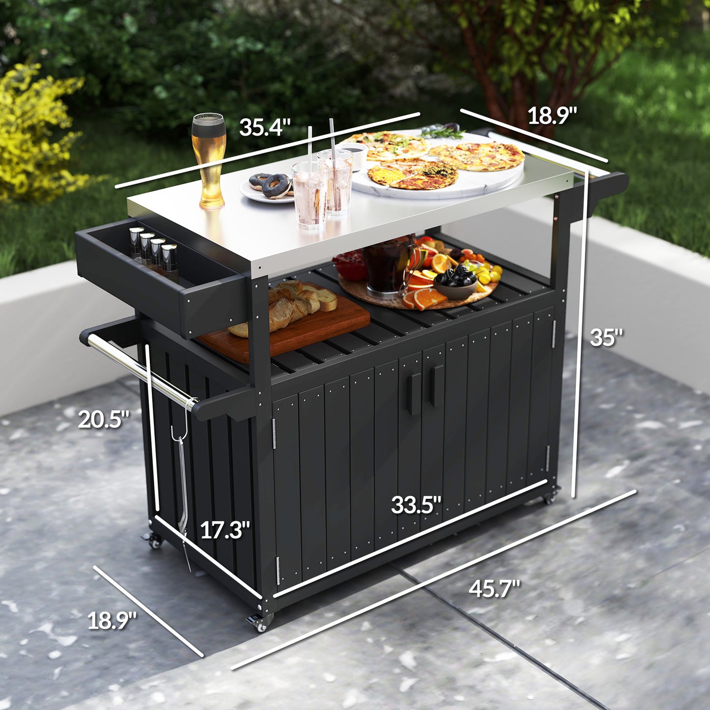 Outdoor Bar Cart with Stainless Steel Top & Storage - Black