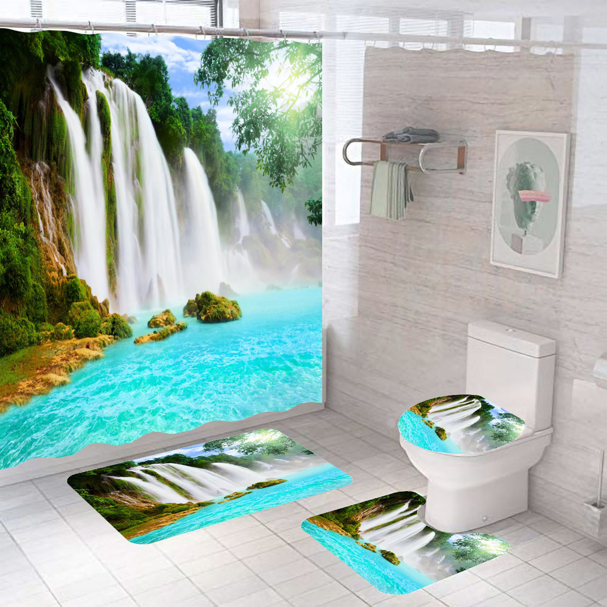 Bathroom Shower Curtain and Floor Mat Set Ocean World Printing - 4 Piece