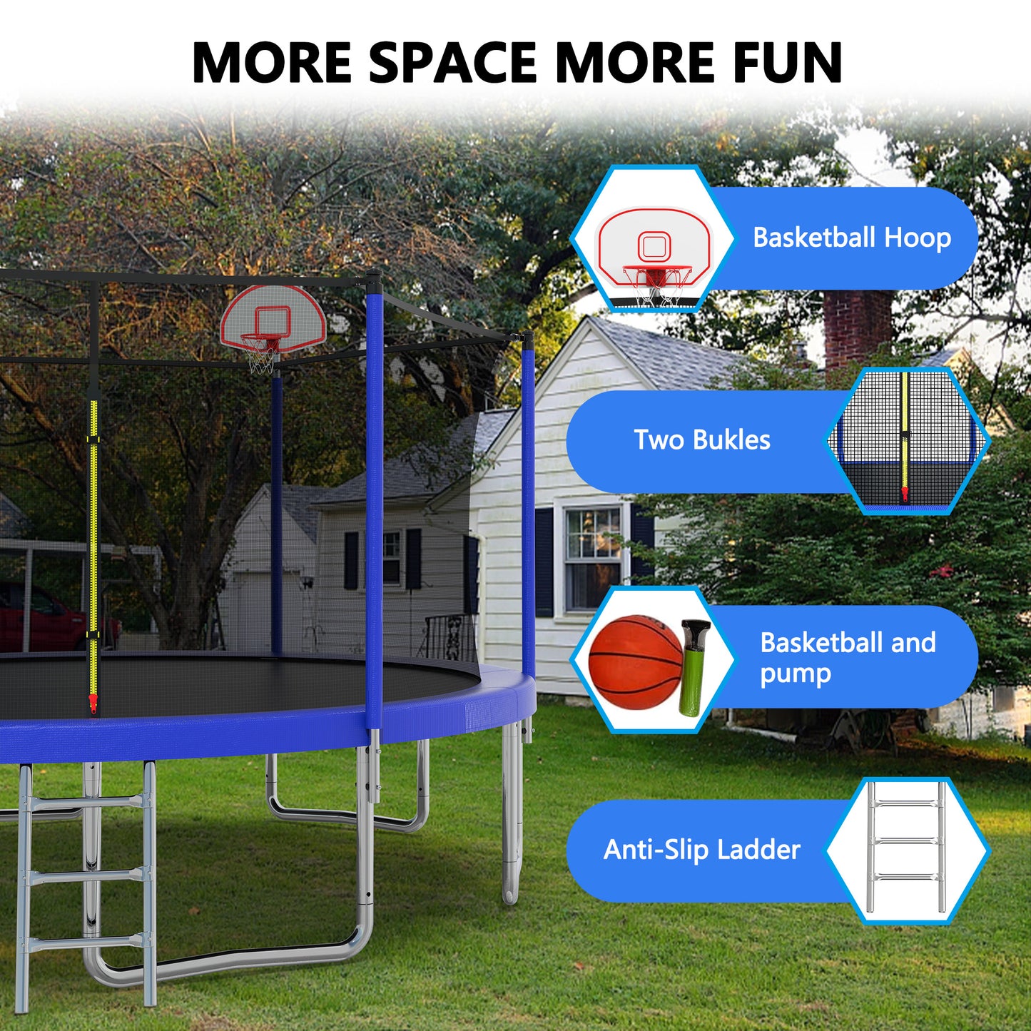 14FT Kids Recreational Trampoline with Safety Enclosure - Blue