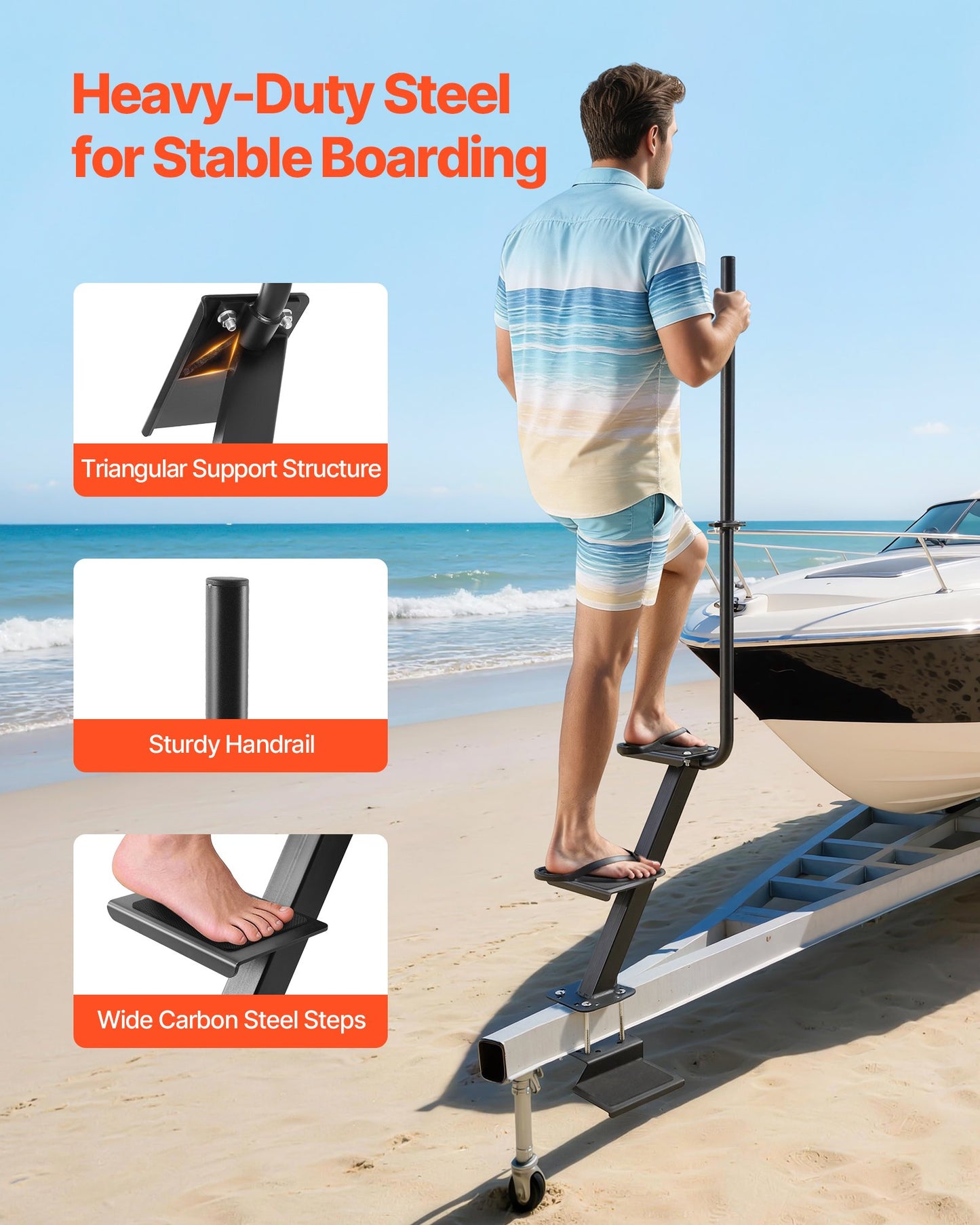 Heavy-Duty Boat Trailer Steps with Handle - Non-Slip Steel Ladder for 3x3, 3x5 & 4x4 Frames