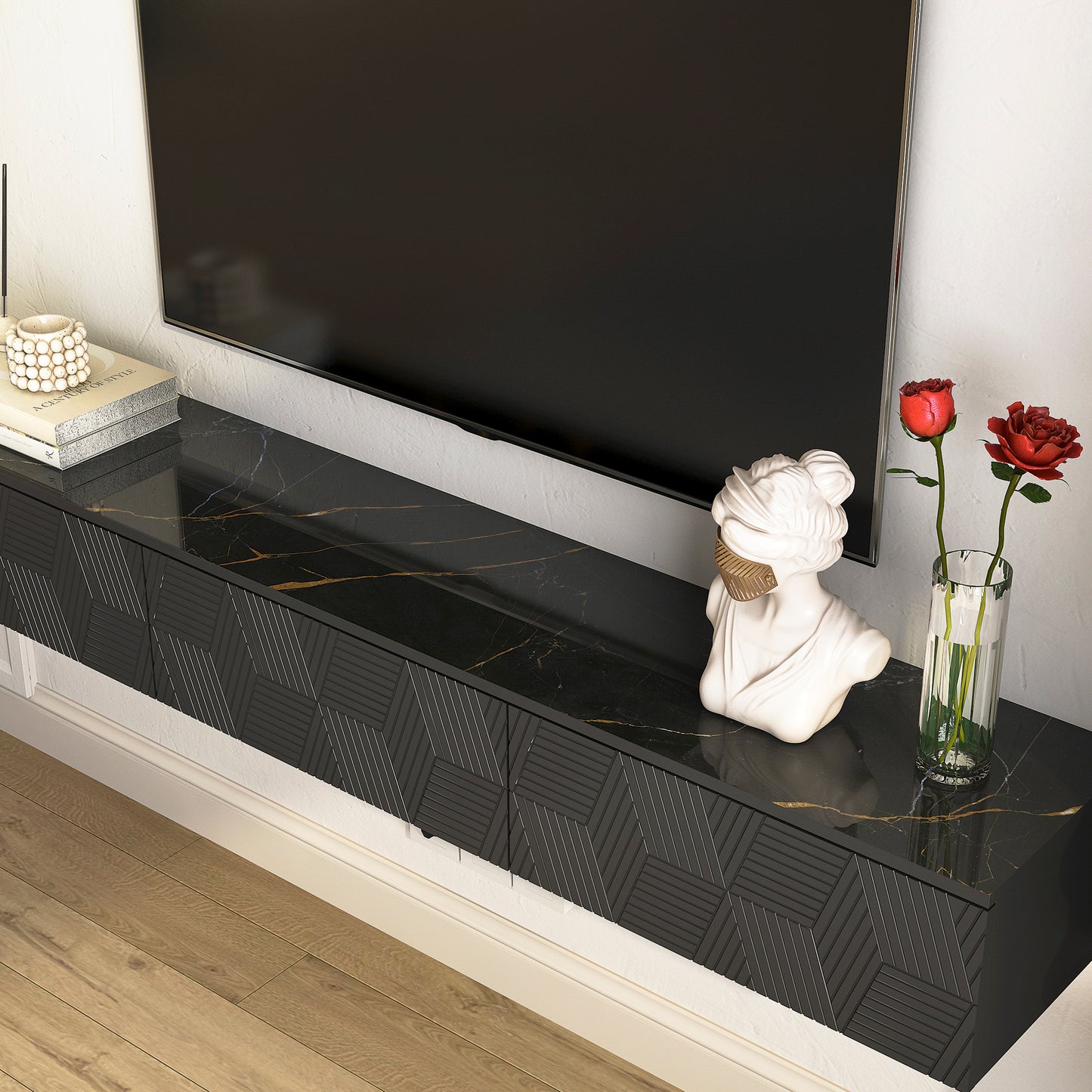 Floating TV Stand Wall Mounted With 16 Color LEDs,67 Modern Stand,
