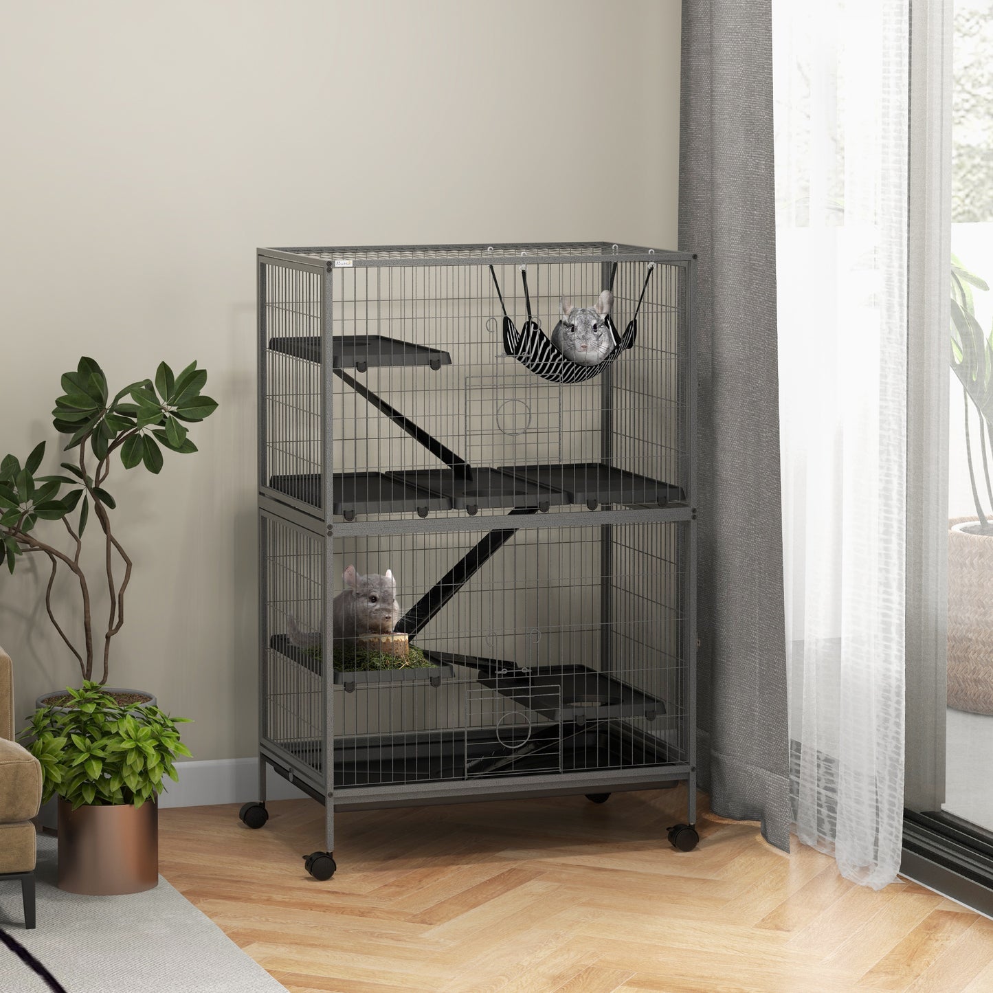 50-Inch Rolling Small Animal Cage with Hammock, Removable Tray for Ferrets & Chinchillas - Gray
