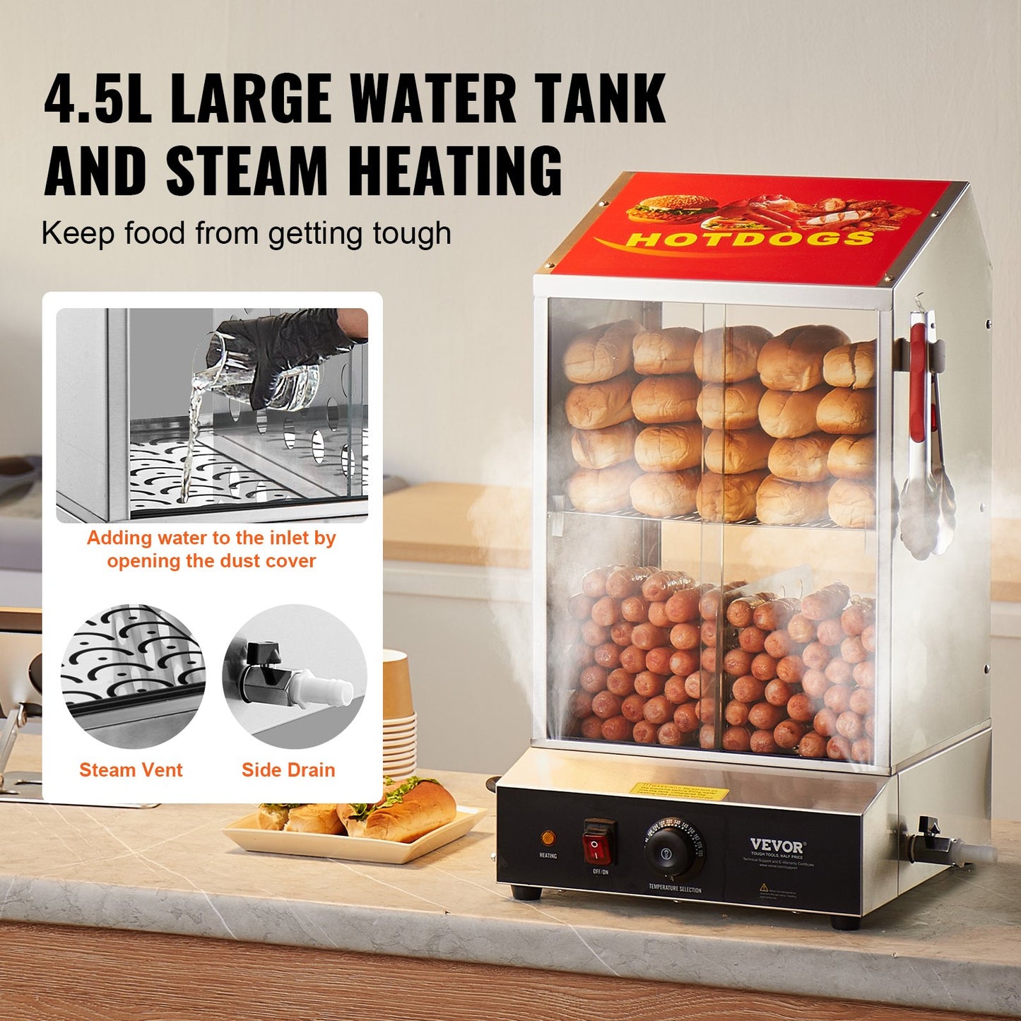 Commercial Hot Dog Steamer 2-Tier Electric Bun Warmer 39QT Food Warmer