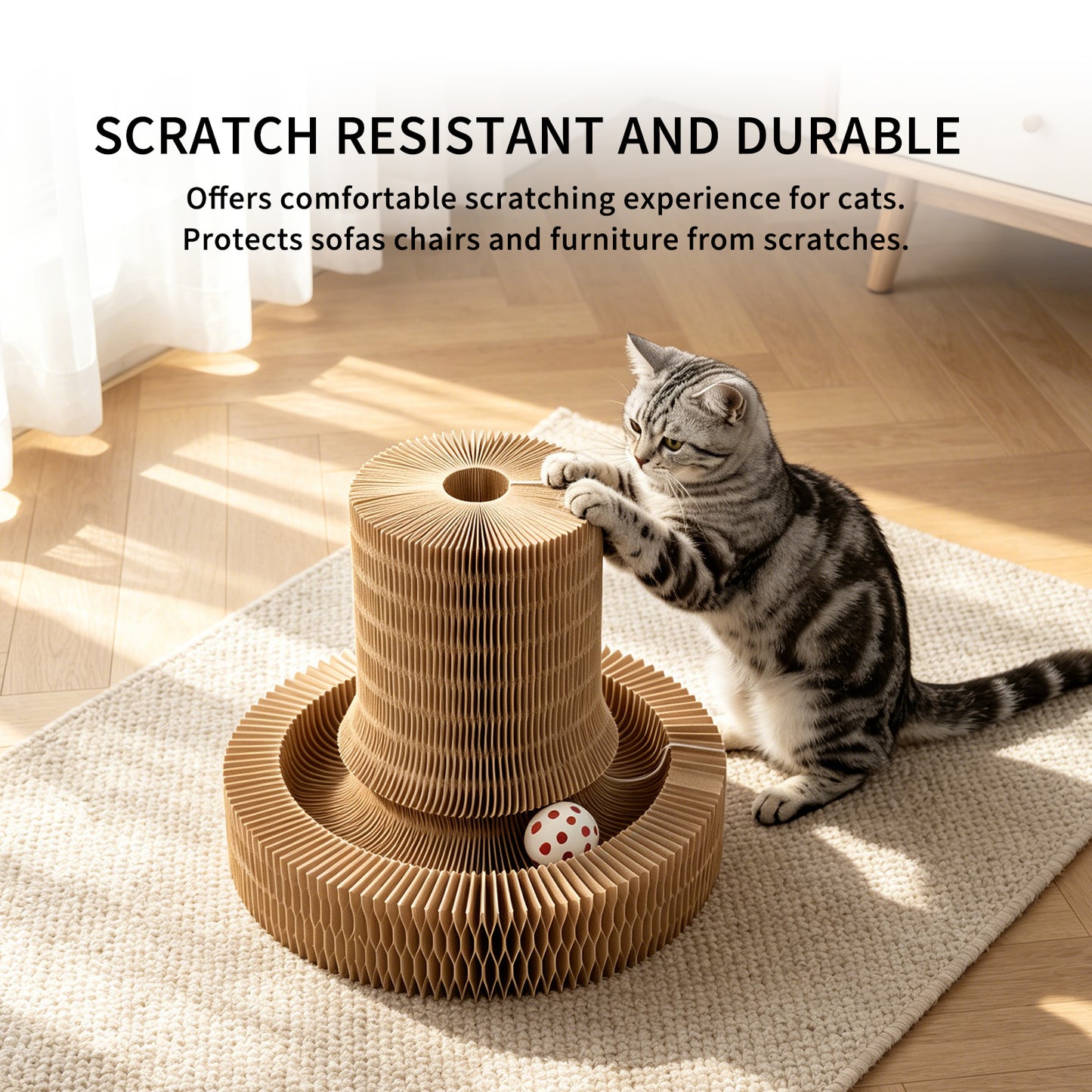 Foldable Cat Scratcher Toy with Rolling Bell Ball - Interactive Cardboard Claw Furniture