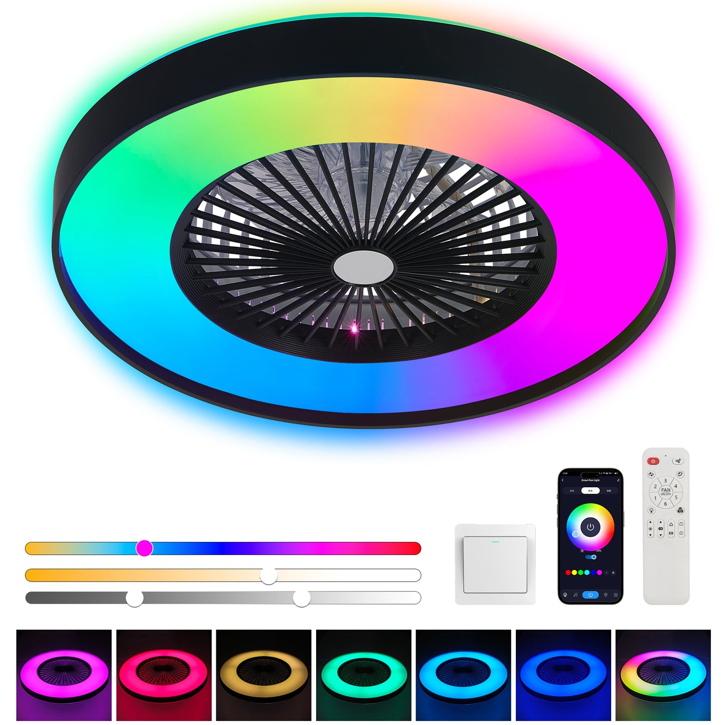 23-Inch Black Ceiling Fan Light with RGB LED & Remote Control