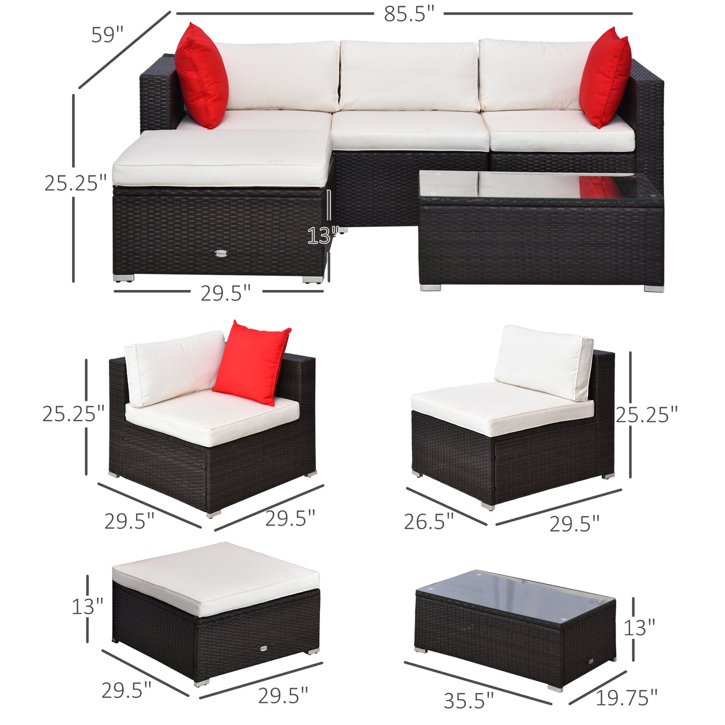 5-Piece Outdoor Sectional Sofa Set with Cushions & Coffee Table - Brown/Cream White