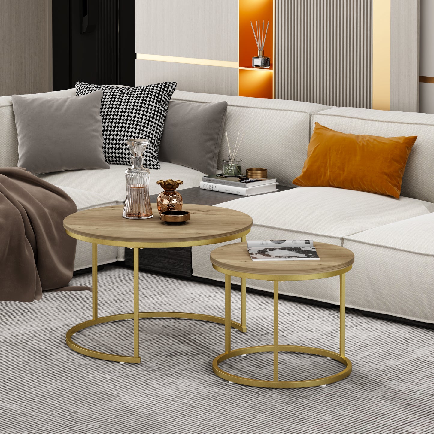Nesting Coffee Table Set of 2 - Round Wood & Metal - Brown+Gold