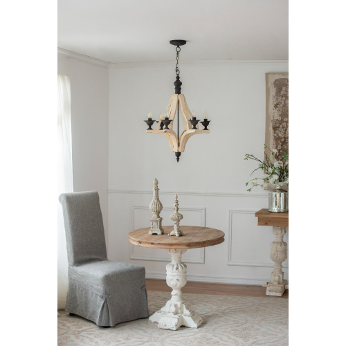 Wooden Chandelier with Adjustable Chain for Kitchen Dining Cream Finish - 6 Lights