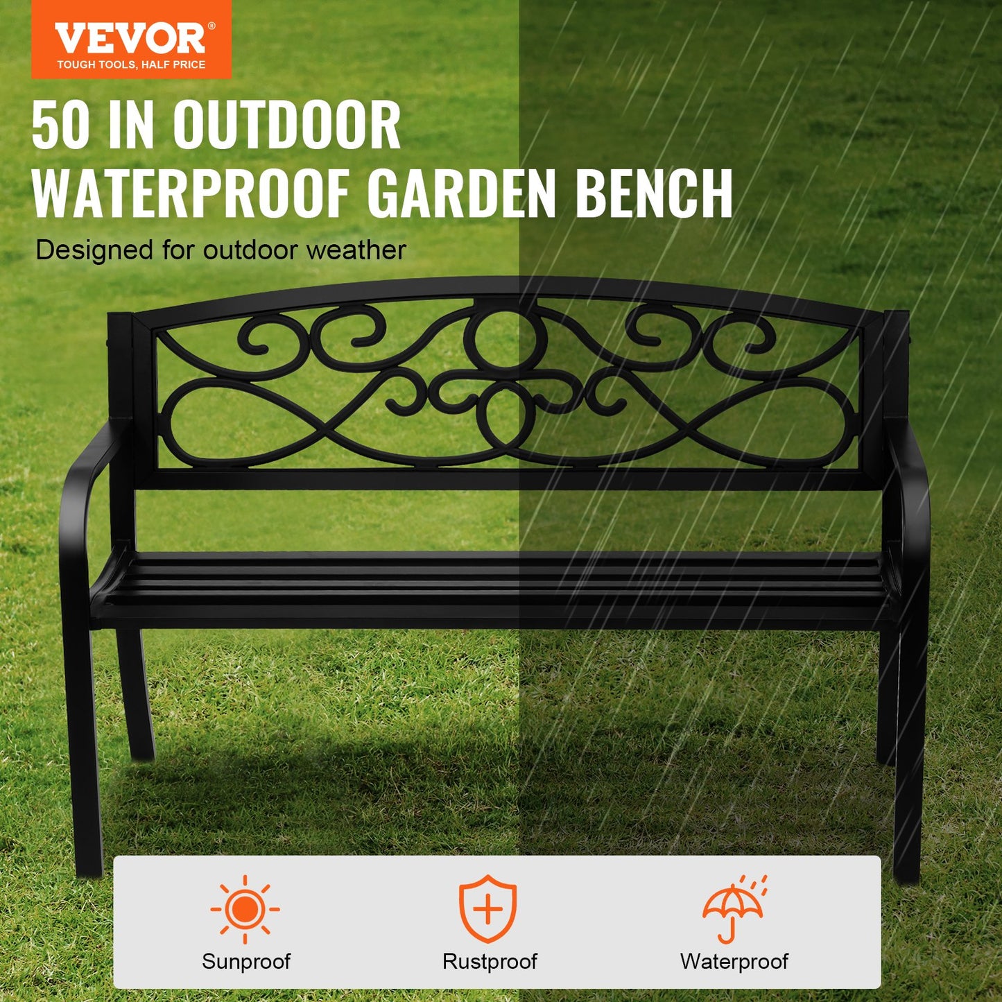 50-Inch Outdoor Metal Garden Bench with Backrest & Armrests, Black