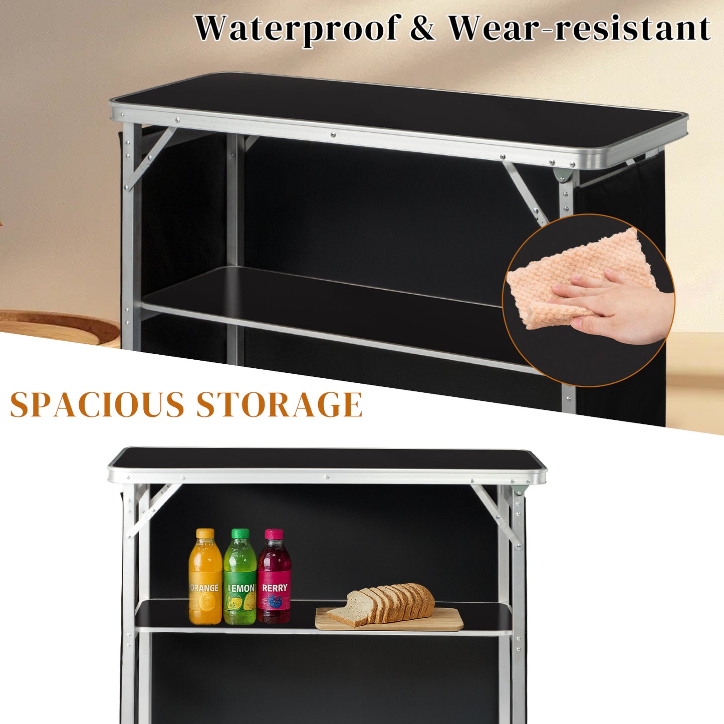 Portable Folding Bar Table with Storage Shelf - Black Skirt
