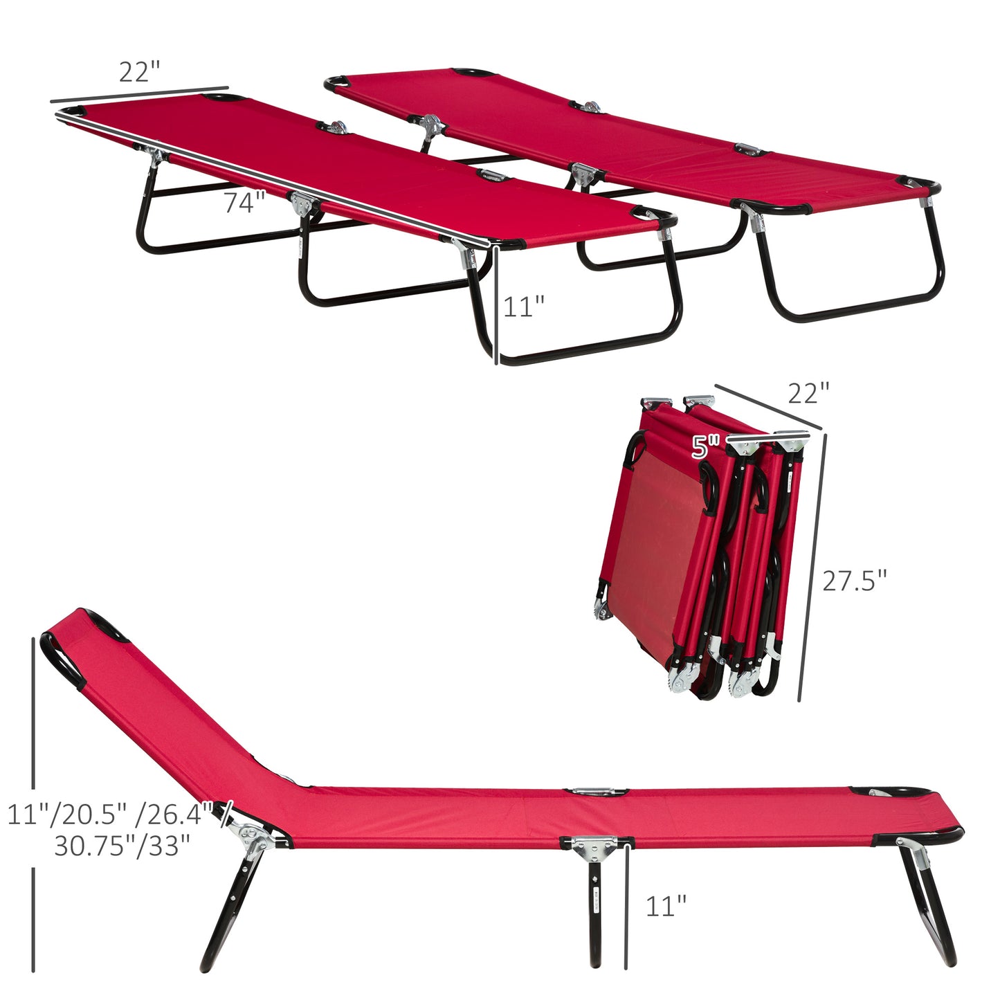 Folding Chaise Lounge Pool Chairs - 2-Piece Set, Red