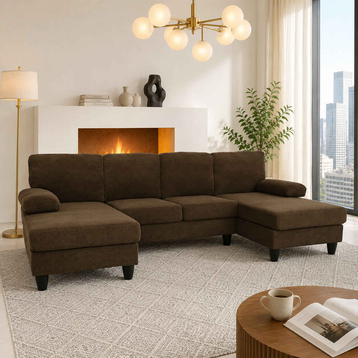 Comfortable U-Shaped Sofa with Dual Chaise & Nubby Upholstery - Coffee