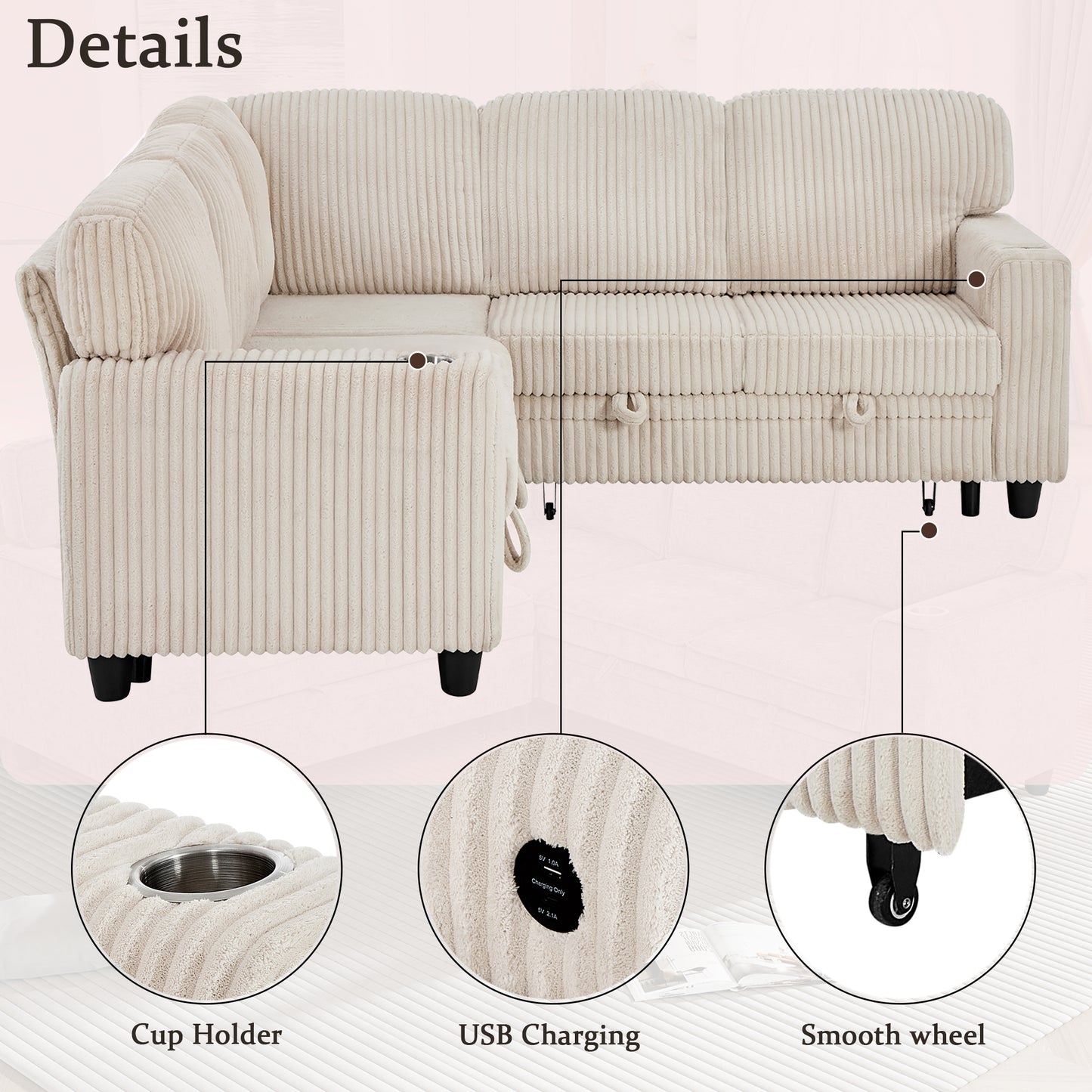 L-Shaped Sectional Sofa Bed with USB Charging & Storage - Beige
