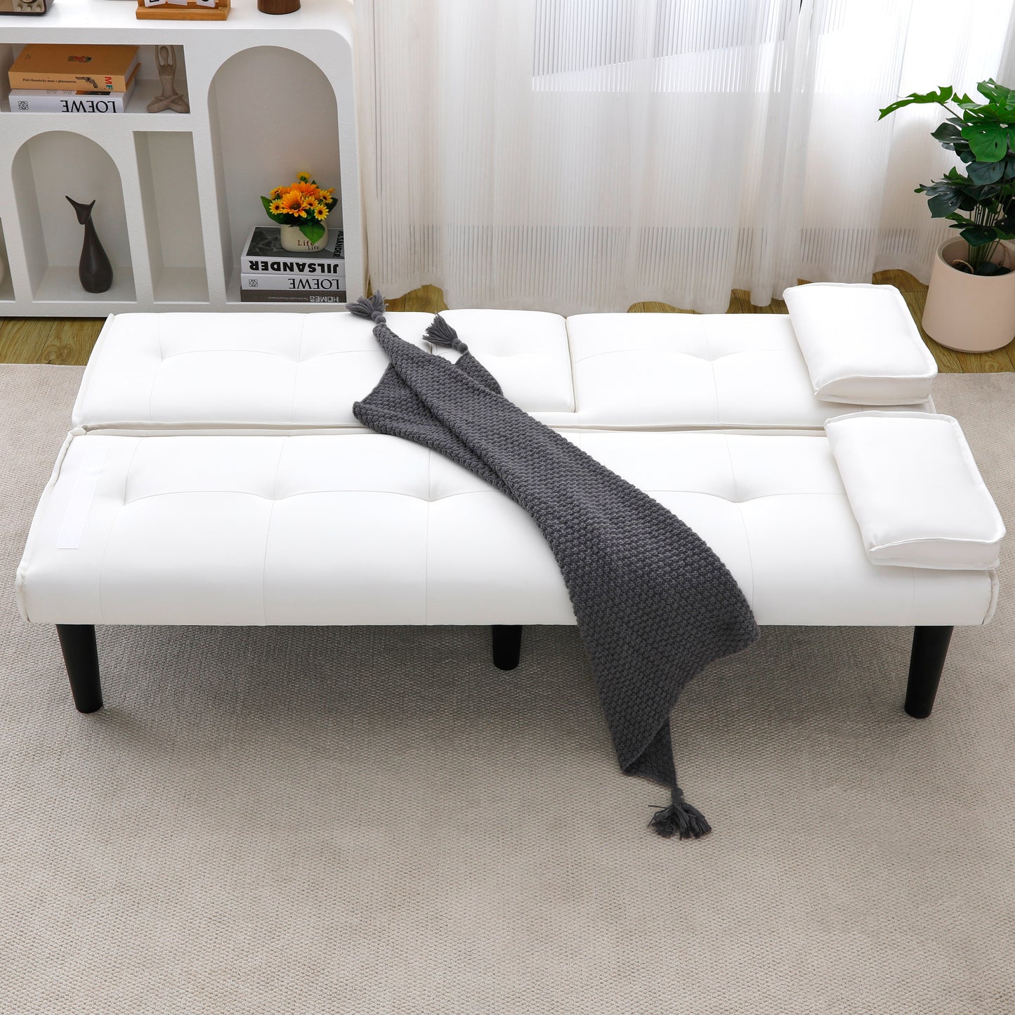 67-Inch White PVC Sofa Bed with Foldable Design & Cup Holder