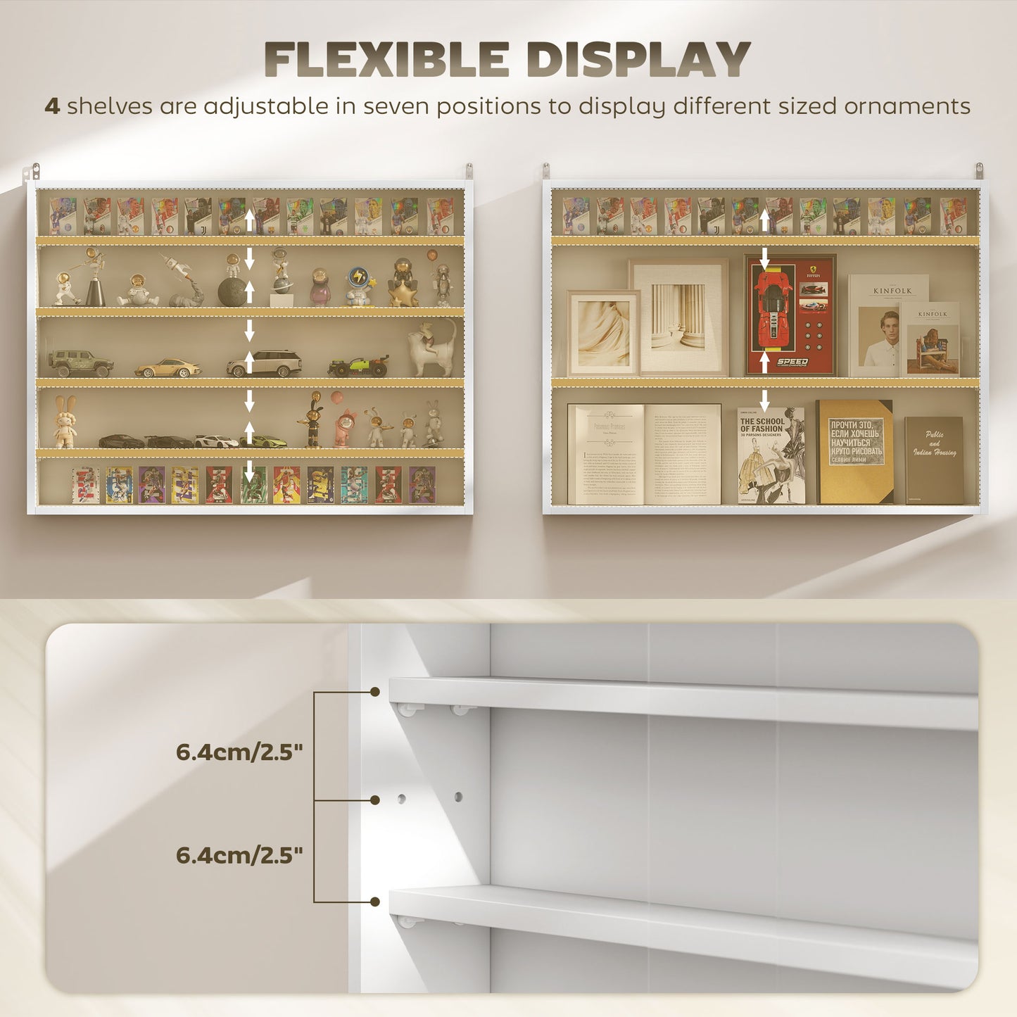 5-Tier Wall-Mounted Display Cabinet with Glass Doors - White