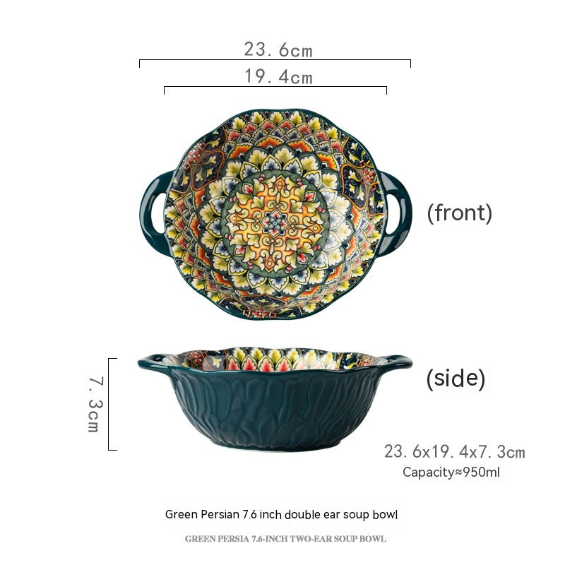 Ceramic Hand-Painted Flower Pattern Noodle Bowl with Double Handles - 950ML