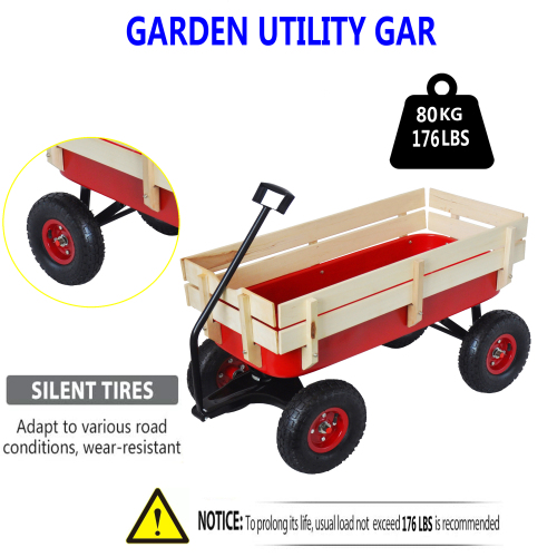 All Terrain Garden Wagon with Wood Railing and Air Tires for Outdoor Use