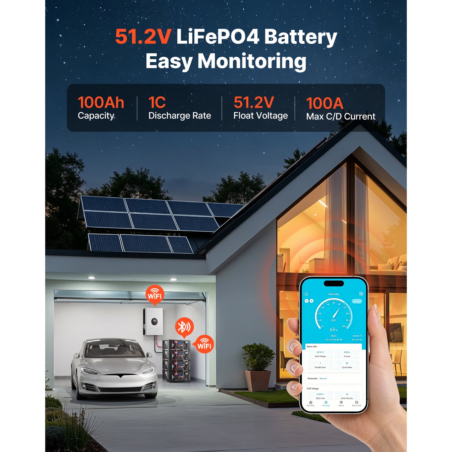 48V 100Ah Lithium Battery with BMS Bluetooth Display for Solar Storage