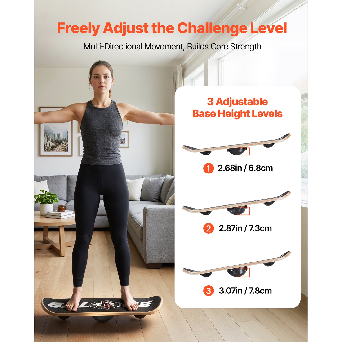 Adjustable Balance Board for Core Workout & Standing Desk Exercise - Wooden Wobble Trainer