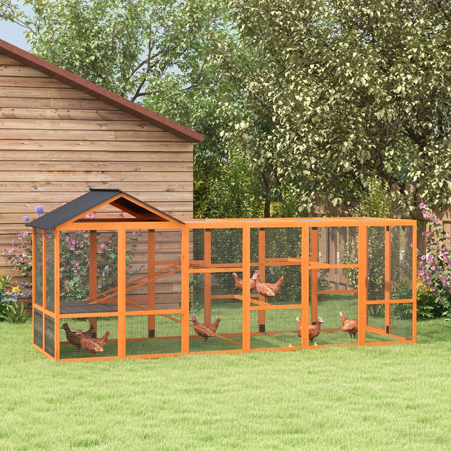 Wooden Chicken Coop Run for 6-10 Chickens with Storage and Perches - 141.75 x 48 x 61 inches, Orange