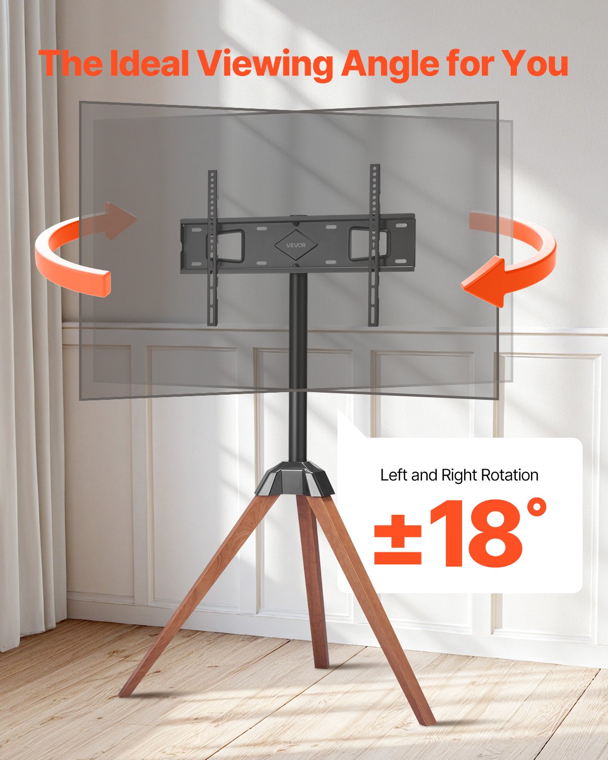 Portable Tripod TV Stand for 40-65 Inch TVs - Oak Wood Legs