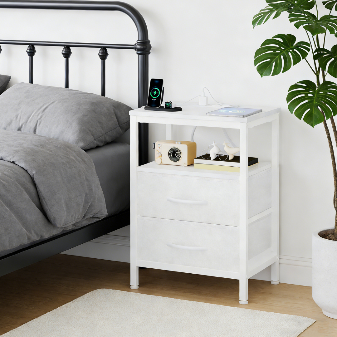 Small Bedside Table with Charging Station & Fabric Drawers - White