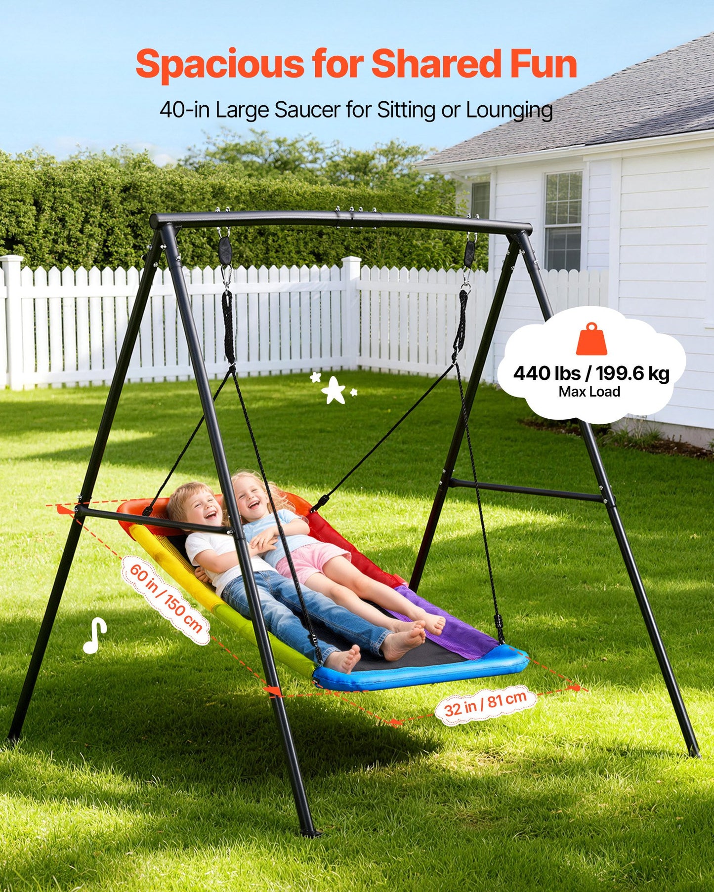 Heavy Duty Backyard Swing Set - 60x32 Inch Seat with Metal Frame & Ground Anchors - Black